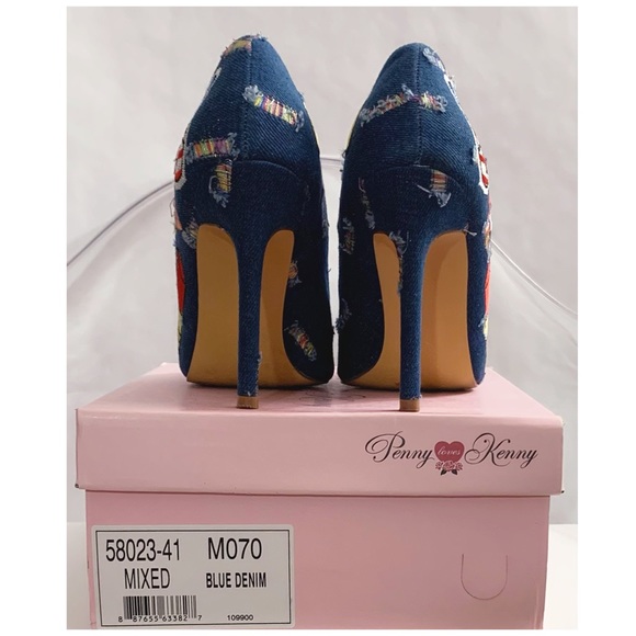 EUC Penny Loves ❤️Kenny Blue Denim Multi Patches designs Heels-Size 7 - Picture 9 of 9